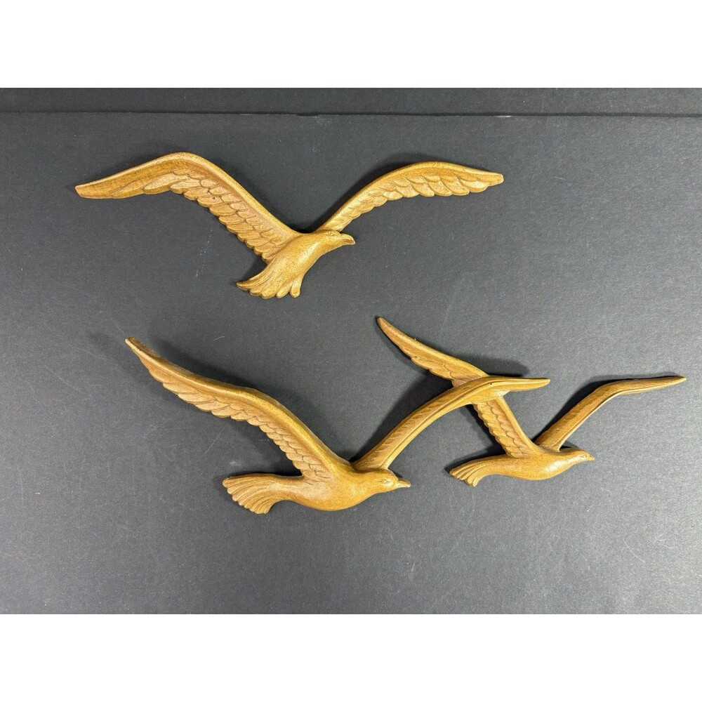 Homco Flying Birds Seagulls MCM Faux Teak Wood Wall Decor 2pc Set  1981 #7619